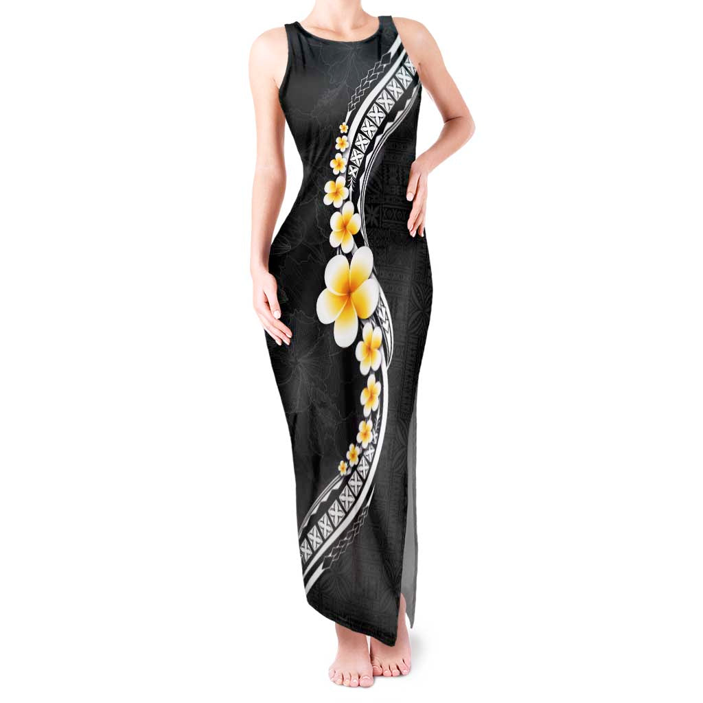 Pacific Hibiscus and Plumeria with Tapa Pattern Tank Maxi Dress Black Color