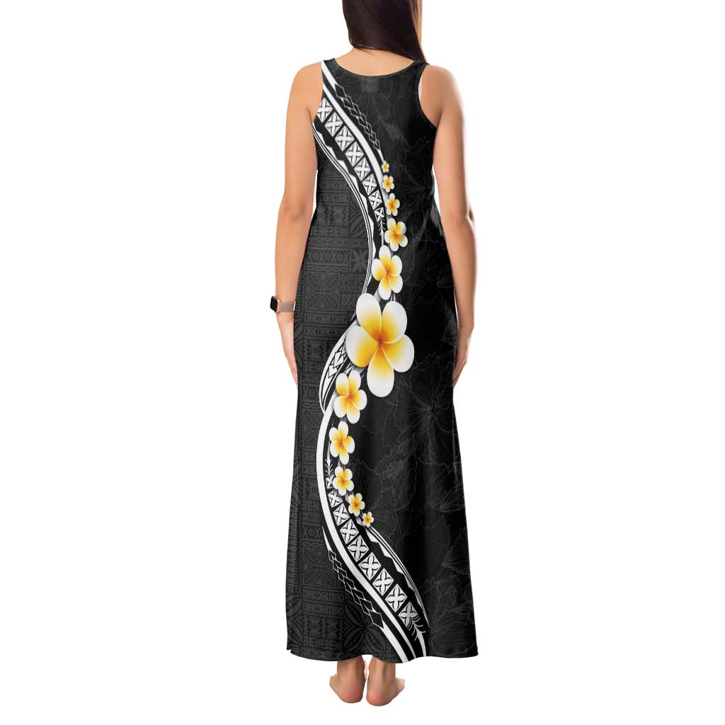 Pacific Hibiscus and Plumeria with Tapa Pattern Tank Maxi Dress Black Color