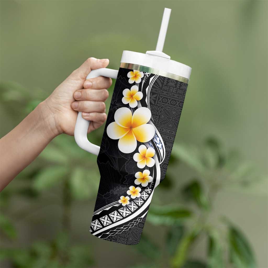 Pacific Hibiscus and Plumeria with Tapa Pattern Tumbler With Handle Black Color