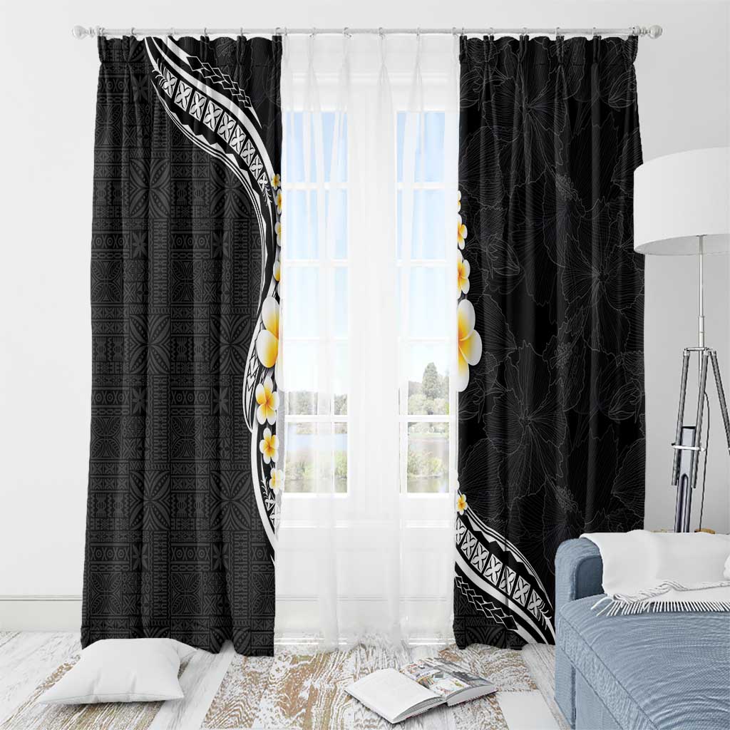 Pacific Hibiscus and Plumeria with Tapa Pattern Window Curtain Black Color