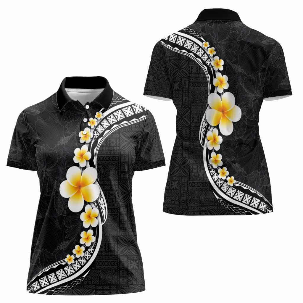 Pacific Hibiscus and Plumeria with Tapa Pattern Women Polo Shirt Black Color