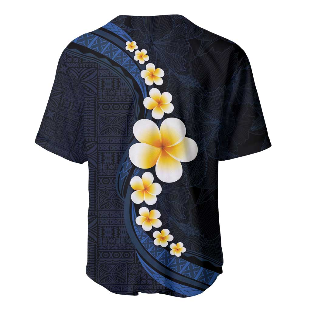 Pacific Hibiscus and Plumeria with Tapa Pattern Baseball Jersey Dark Blue Color
