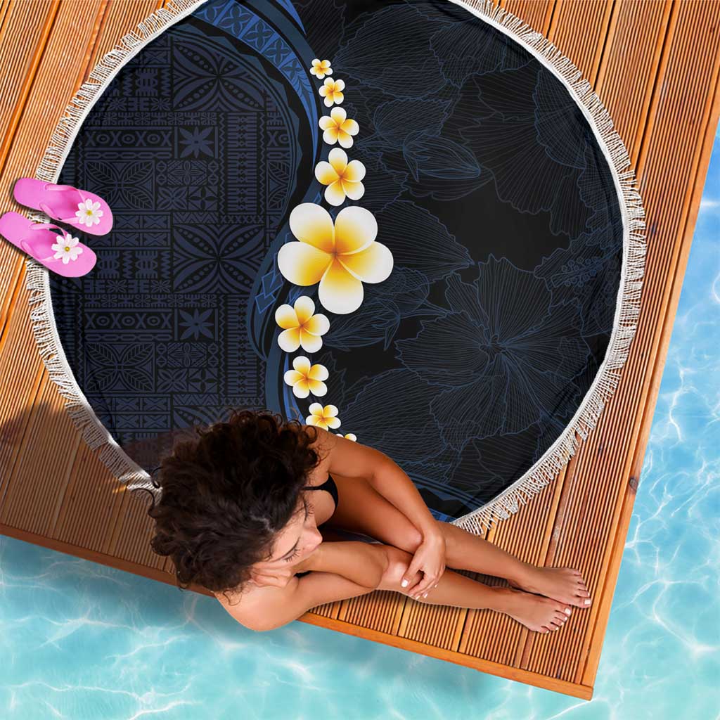 Pacific Hibiscus and Plumeria with Tapa Pattern Beach Blanket Dark Blue Color