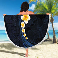 Pacific Hibiscus and Plumeria with Tapa Pattern Beach Blanket Dark Blue Color
