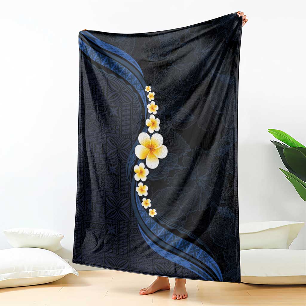 Pacific Hibiscus and Plumeria with Tapa Pattern Blanket Dark Blue Color