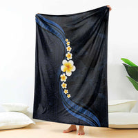 Pacific Hibiscus and Plumeria with Tapa Pattern Blanket Dark Blue Color