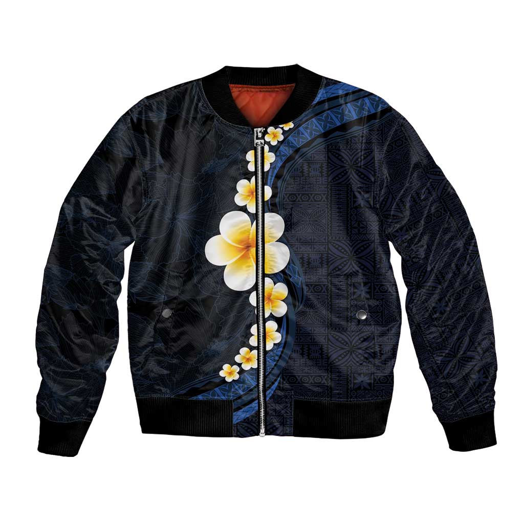 Pacific Hibiscus and Plumeria with Tapa Pattern Bomber Jacket Dark Blue Color