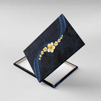 Pacific Hibiscus and Plumeria with Tapa Pattern Canvas Wall Art Dark Blue Color