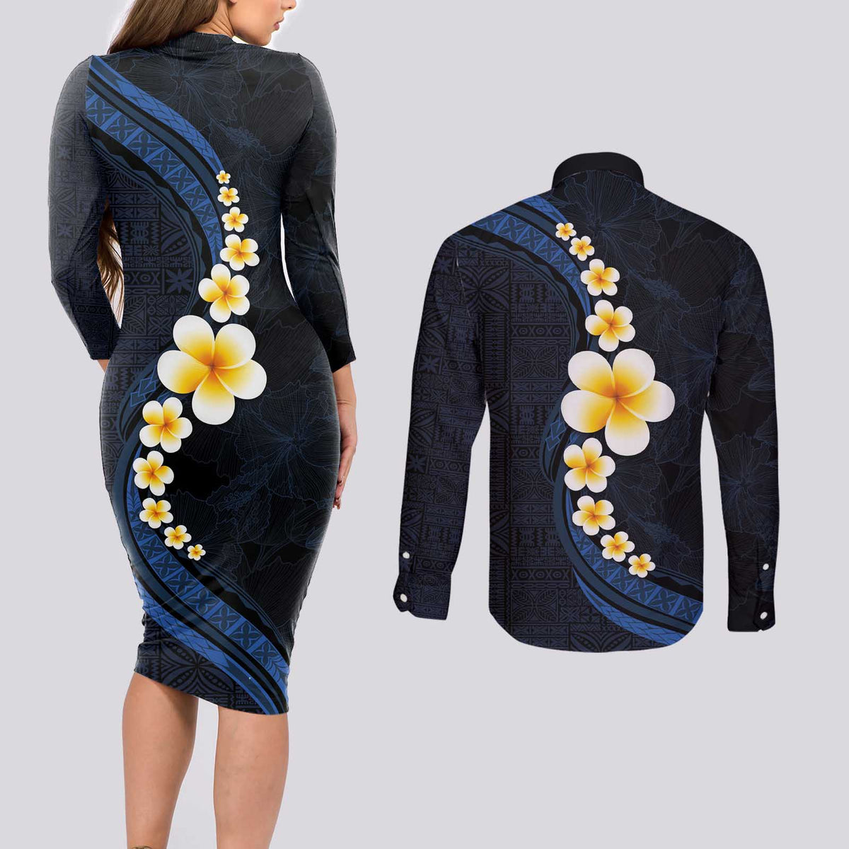 Pacific Hibiscus and Plumeria with Tapa Pattern Couples Matching Long Sleeve Bodycon Dress and Long Sleeve Button Shirt Dark Blue Color