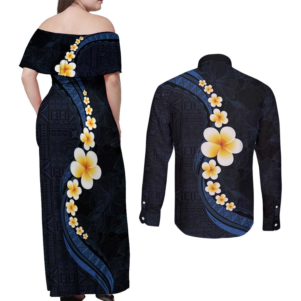 Pacific Hibiscus and Plumeria with Tapa Pattern Couples Matching Off Shoulder Maxi Dress and Long Sleeve Button Shirt Dark Blue Color