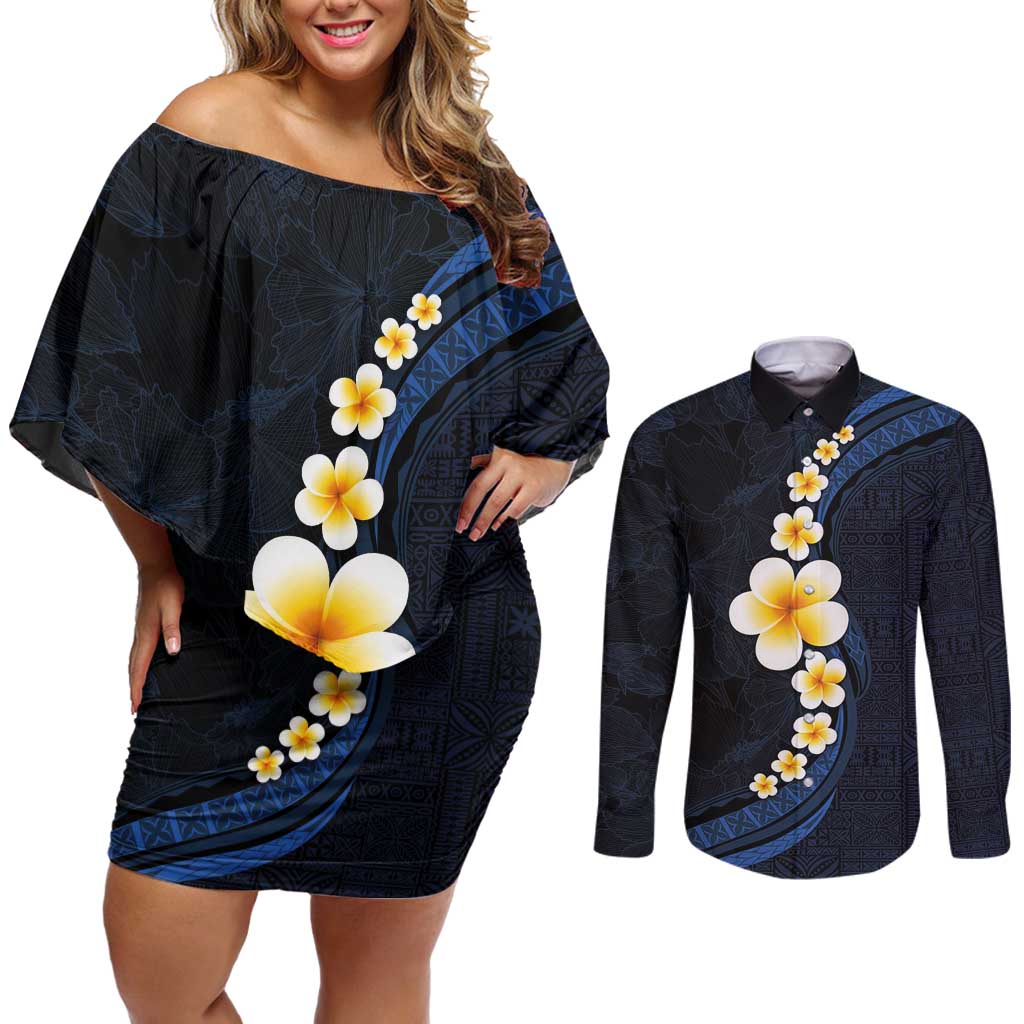 Pacific Hibiscus and Plumeria with Tapa Pattern Couples Matching Off Shoulder Short Dress and Long Sleeve Button Shirt Dark Blue Color LT03 Blue - Polynesian Pride