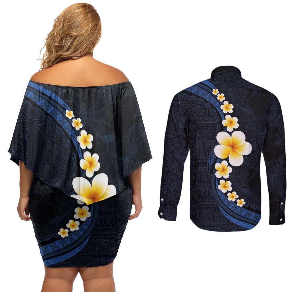 Pacific Hibiscus and Plumeria with Tapa Pattern Couples Matching Off Shoulder Short Dress and Long Sleeve Button Shirt Dark Blue Color LT03 - Polynesian Pride