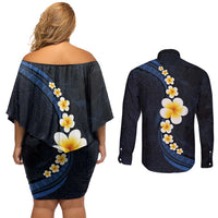 Pacific Hibiscus and Plumeria with Tapa Pattern Couples Matching Off Shoulder Short Dress and Long Sleeve Button Shirt Dark Blue Color LT03 - Polynesian Pride