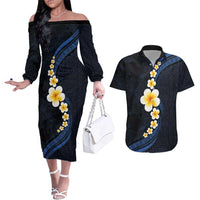 Pacific Hibiscus and Plumeria with Tapa Pattern Couples Matching Off The Shoulder Long Sleeve Dress and Hawaiian Shirt Dark Blue Color