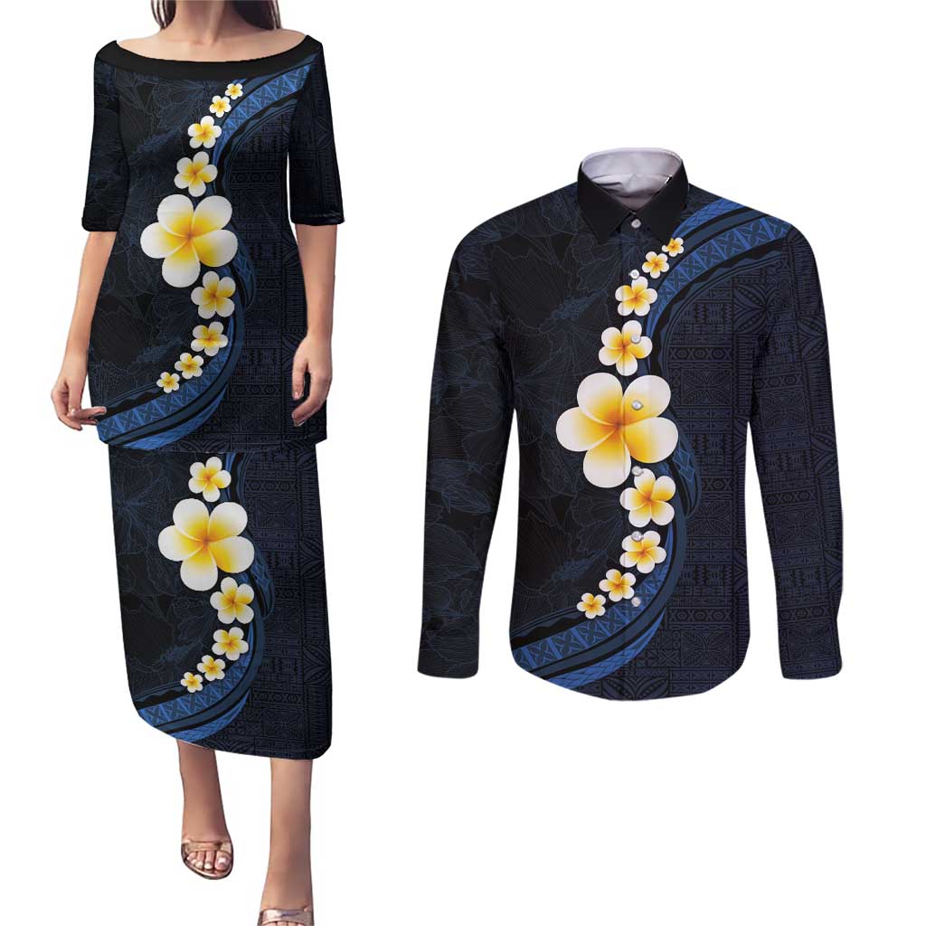 Pacific Hibiscus and Plumeria with Tapa Pattern Couples Matching Puletasi and Long Sleeve Button Shirt Dark Blue Color