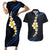 Pacific Hibiscus and Plumeria with Tapa Pattern Couples Matching Short Sleeve Bodycon Dress and Hawaiian Shirt Dark Blue Color