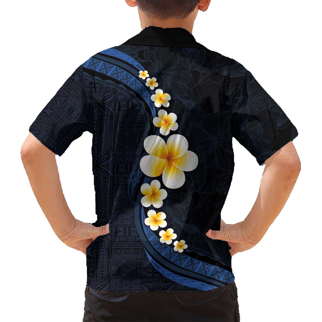 Pacific Hibiscus and Plumeria with Tapa Pattern Family Matching Long Sleeve Bodycon Dress and Hawaiian Shirt Dark Blue Color LT03 - Polynesian Pride