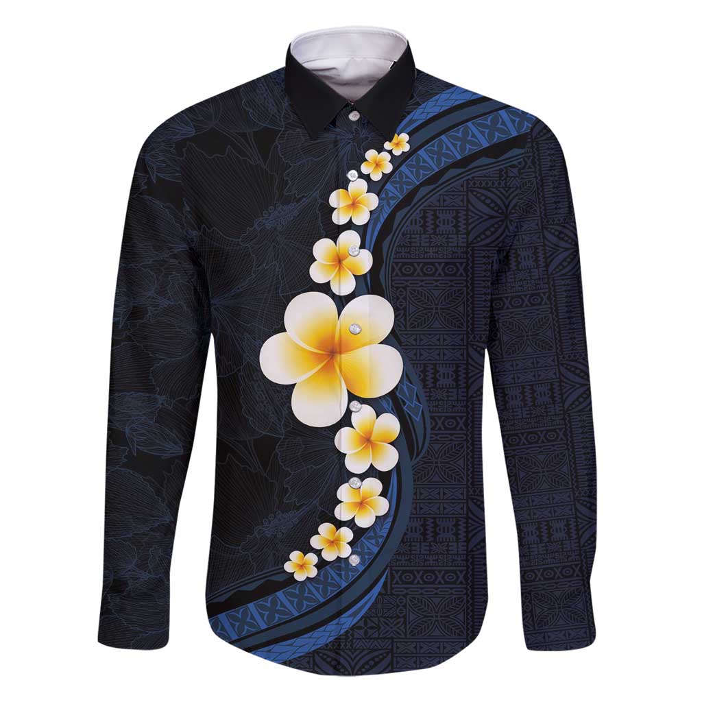 Pacific Hibiscus and Plumeria with Tapa Pattern Family Matching Long Sleeve Bodycon Dress and Hawaiian Shirt Dark Blue Color LT03 Dad's Shirt - Long Sleeve Blue - Polynesian Pride