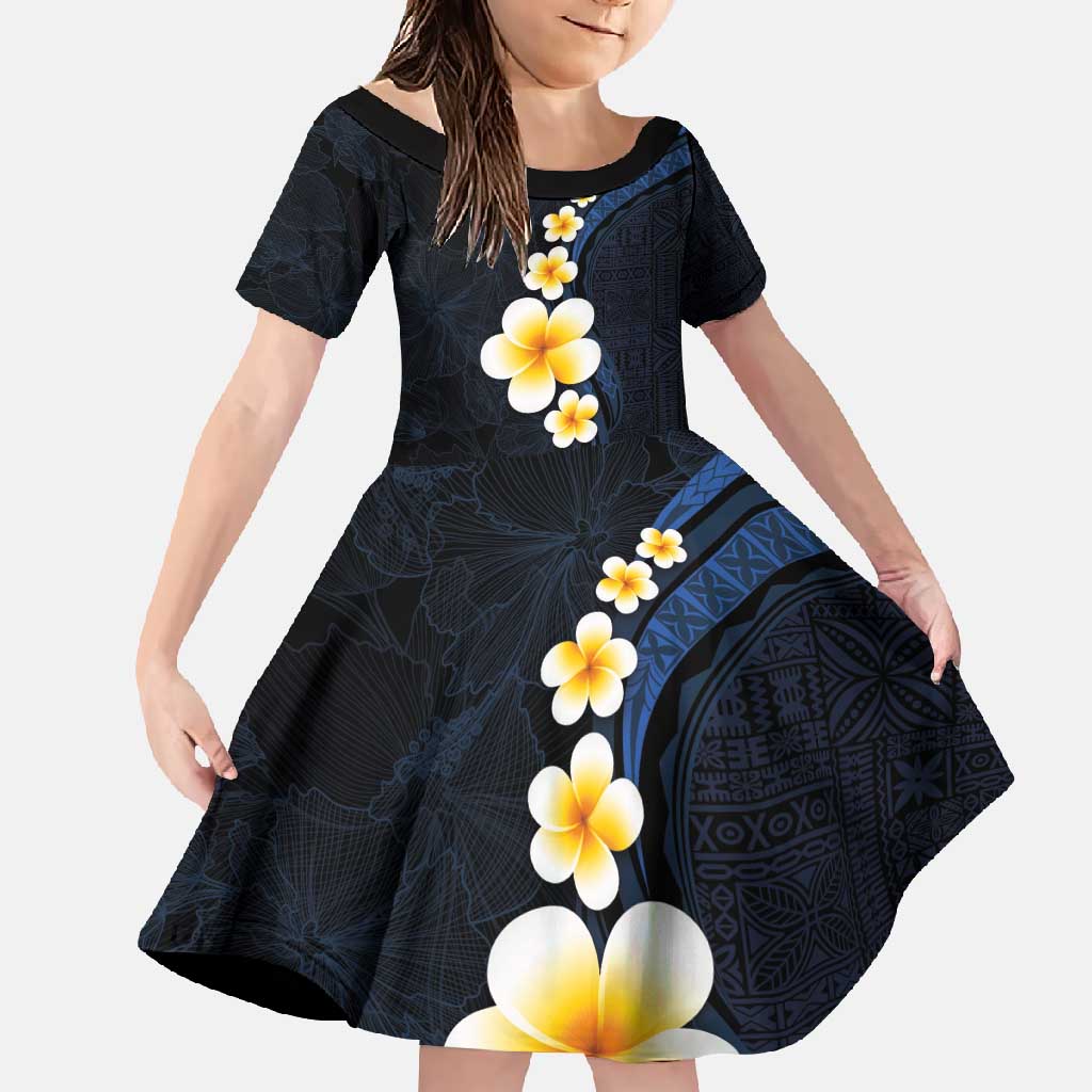 Pacific Hibiscus and Plumeria with Tapa Pattern Family Matching Mermaid Dress and Hawaiian Shirt Dark Blue Color LT03 Daughter's Dress Blue - Polynesian Pride