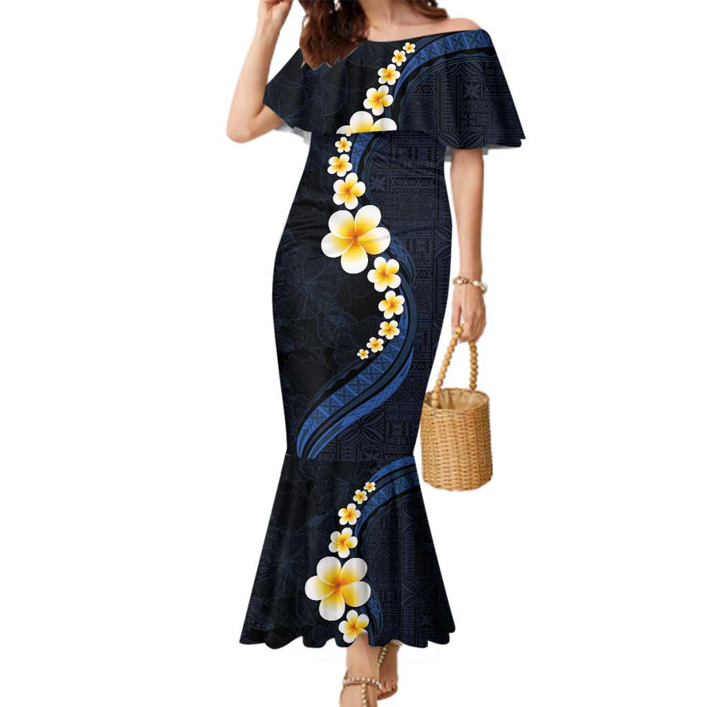 Pacific Hibiscus and Plumeria with Tapa Pattern Family Matching Mermaid Dress and Hawaiian Shirt Dark Blue Color LT03 Mom's Dress Blue - Polynesian Pride