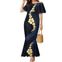 Pacific Hibiscus and Plumeria with Tapa Pattern Family Matching Mermaid Dress and Hawaiian Shirt Dark Blue Color LT03 Mom's Dress Blue - Polynesian Pride