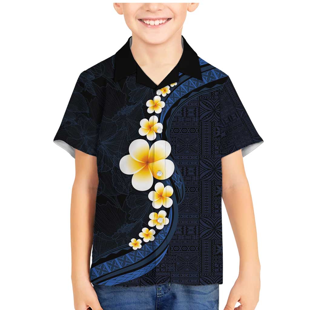 Pacific Hibiscus and Plumeria with Tapa Pattern Family Matching Mermaid Dress and Hawaiian Shirt Dark Blue Color LT03 Son's Shirt Blue - Polynesian Pride
