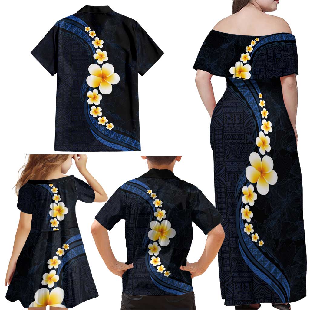 Pacific Hibiscus and Plumeria with Tapa Pattern Family Matching Off Shoulder Maxi Dress and Hawaiian Shirt Dark Blue Color LT03 - Polynesian Pride