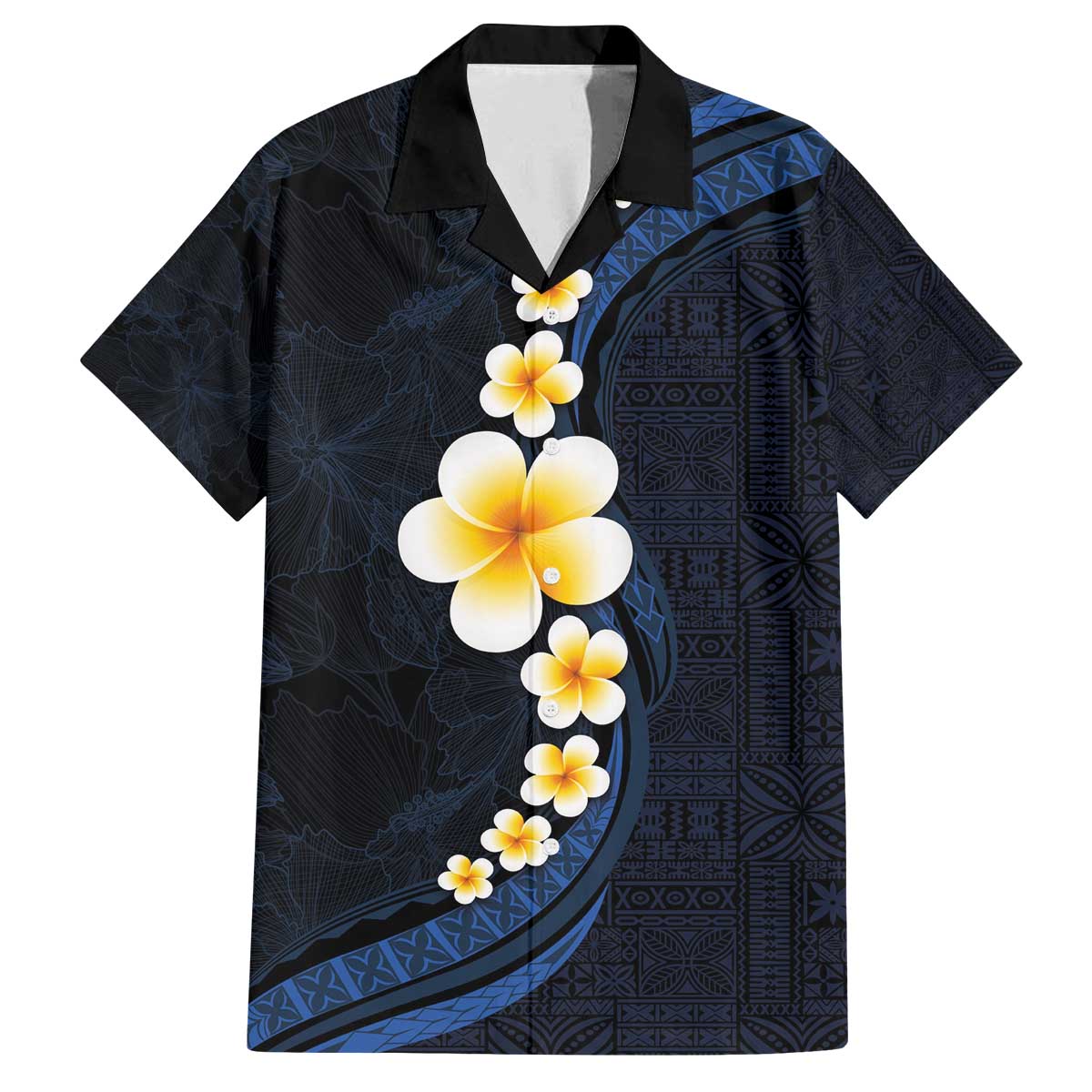 Pacific Hibiscus and Plumeria with Tapa Pattern Family Matching Off Shoulder Short Dress and Hawaiian Shirt Dark Blue Color