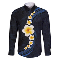 Pacific Hibiscus and Plumeria with Tapa Pattern Family Matching Off Shoulder Short Dress and Hawaiian Shirt Dark Blue Color