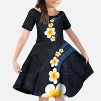 Pacific Hibiscus and Plumeria with Tapa Pattern Family Matching Short Sleeve Bodycon Dress and Hawaiian Shirt Dark Blue Color LT03 Daughter's Dress Blue - Polynesian Pride