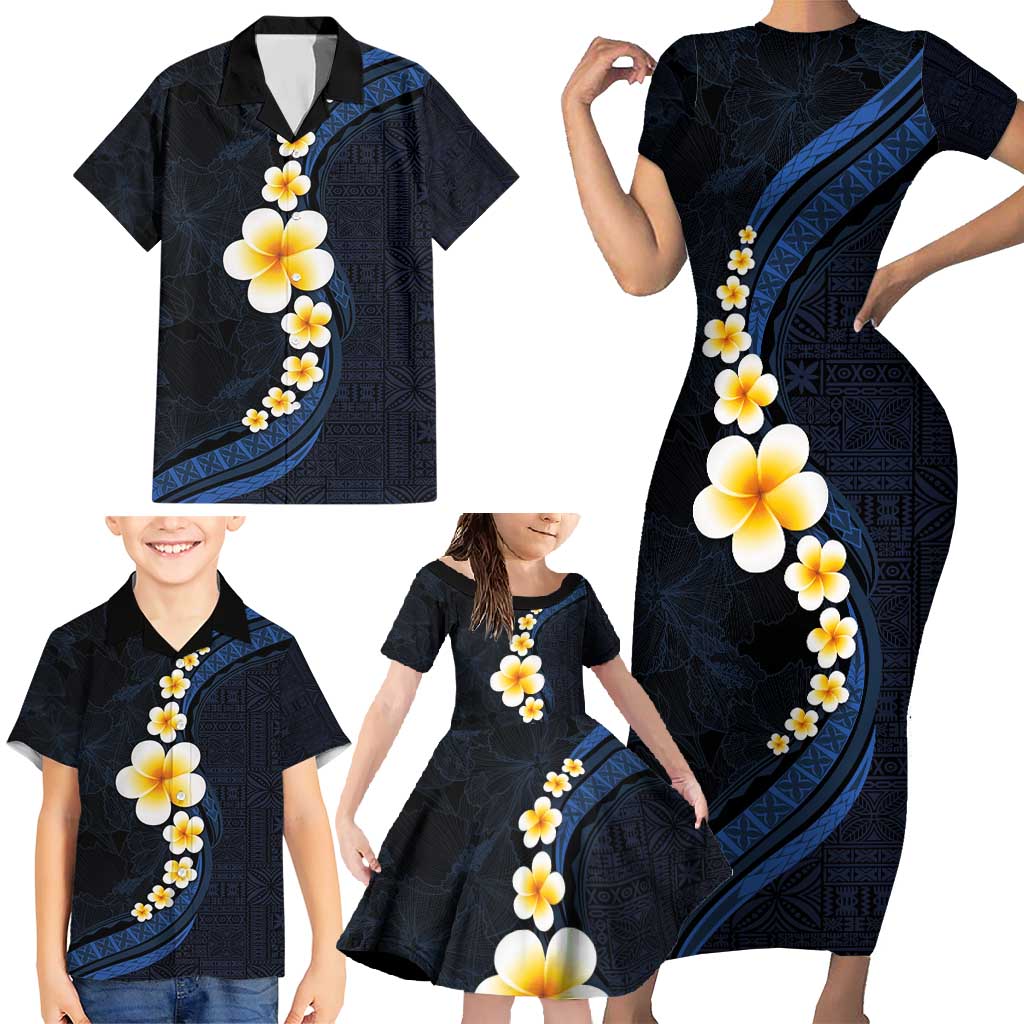 Pacific Hibiscus and Plumeria with Tapa Pattern Family Matching Short Sleeve Bodycon Dress and Hawaiian Shirt Dark Blue Color LT03 - Polynesian Pride