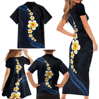 Pacific Hibiscus and Plumeria with Tapa Pattern Family Matching Short Sleeve Bodycon Dress and Hawaiian Shirt Dark Blue Color LT03 - Polynesian Pride