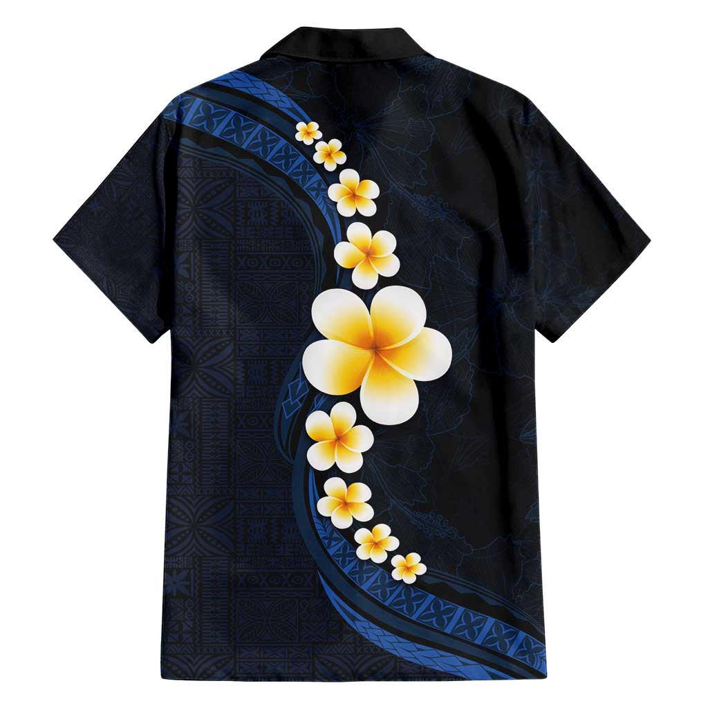 Pacific Hibiscus and Plumeria with Tapa Pattern Family Matching Short Sleeve Bodycon Dress and Hawaiian Shirt Dark Blue Color LT03 - Polynesian Pride
