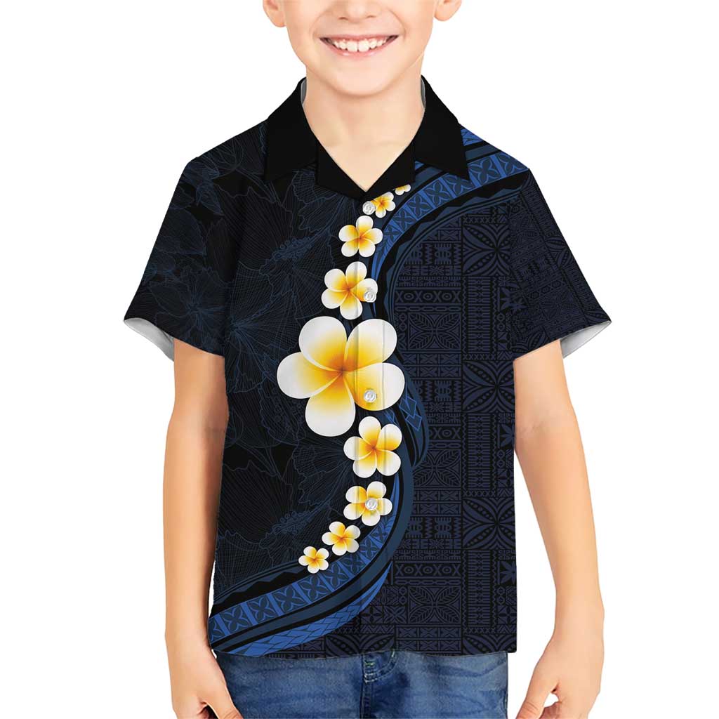 Pacific Hibiscus and Plumeria with Tapa Pattern Family Matching Short Sleeve Bodycon Dress and Hawaiian Shirt Dark Blue Color LT03 Son's Shirt Blue - Polynesian Pride
