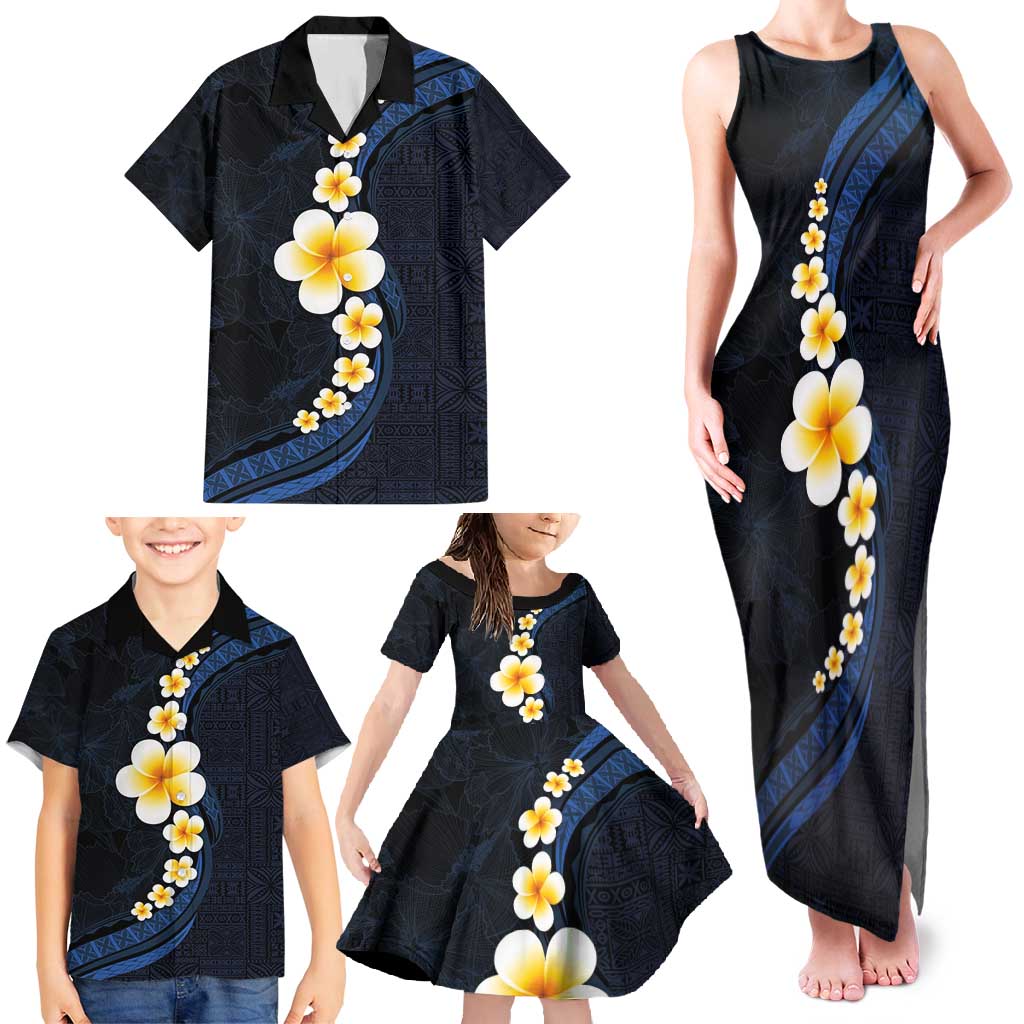 Pacific Hibiscus and Plumeria with Tapa Pattern Family Matching Tank Maxi Dress and Hawaiian Shirt Dark Blue Color