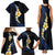 Pacific Hibiscus and Plumeria with Tapa Pattern Family Matching Tank Maxi Dress and Hawaiian Shirt Dark Blue Color