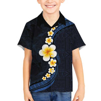 Pacific Hibiscus and Plumeria with Tapa Pattern Family Matching Tank Maxi Dress and Hawaiian Shirt Dark Blue Color