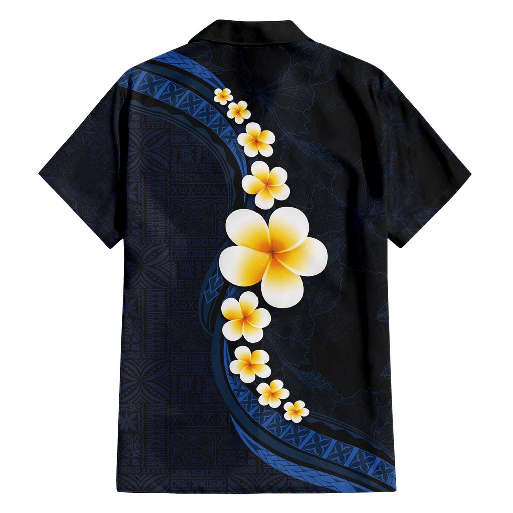 Pacific Hibiscus and Plumeria with Tapa Pattern Hawaiian Shirt Dark Blue Color