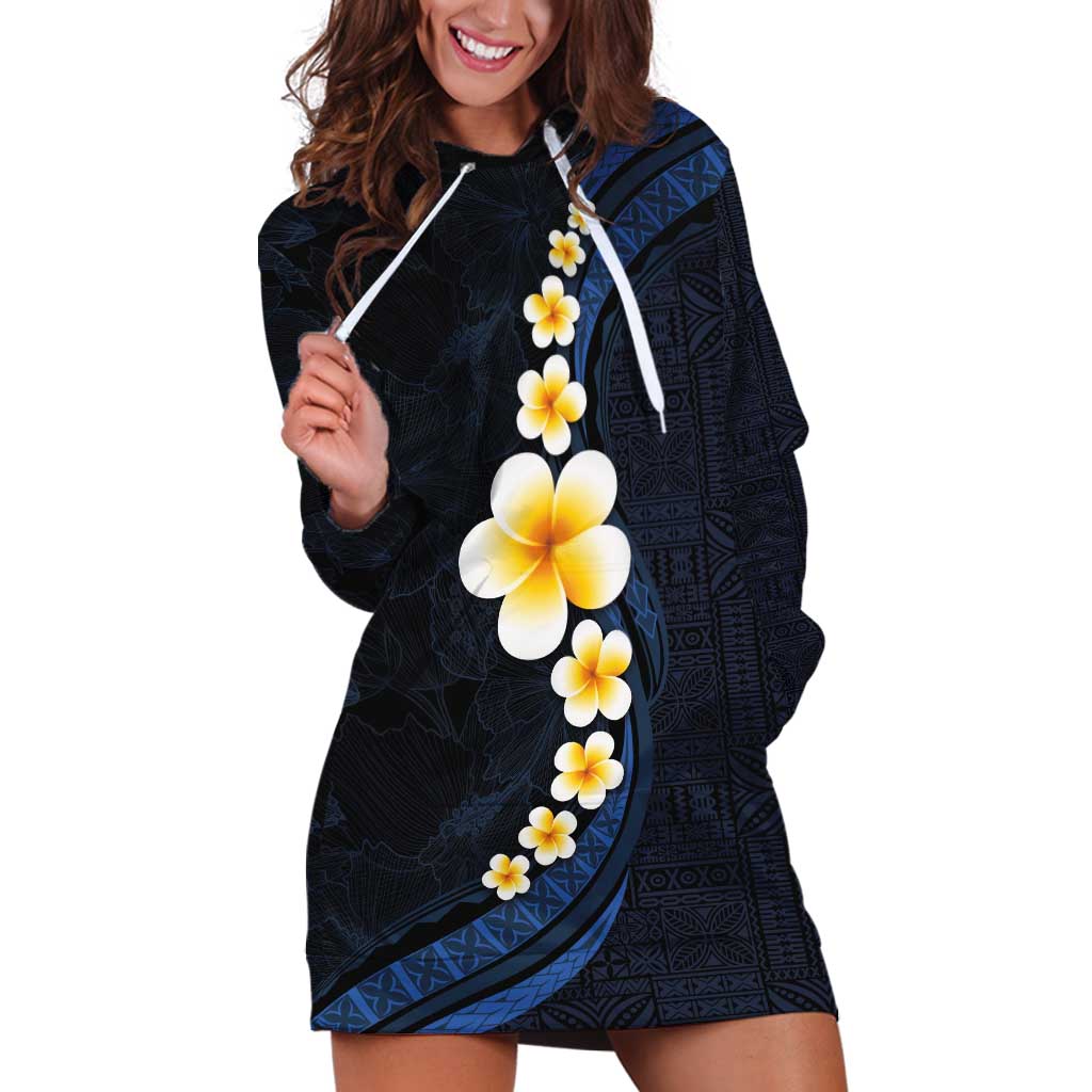 Pacific Hibiscus and Plumeria with Tapa Pattern Hoodie Dress Dark Blue Color