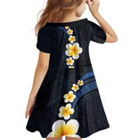 Pacific Hibiscus and Plumeria with Tapa Pattern Kid Short Sleeve Dress Dark Blue Color