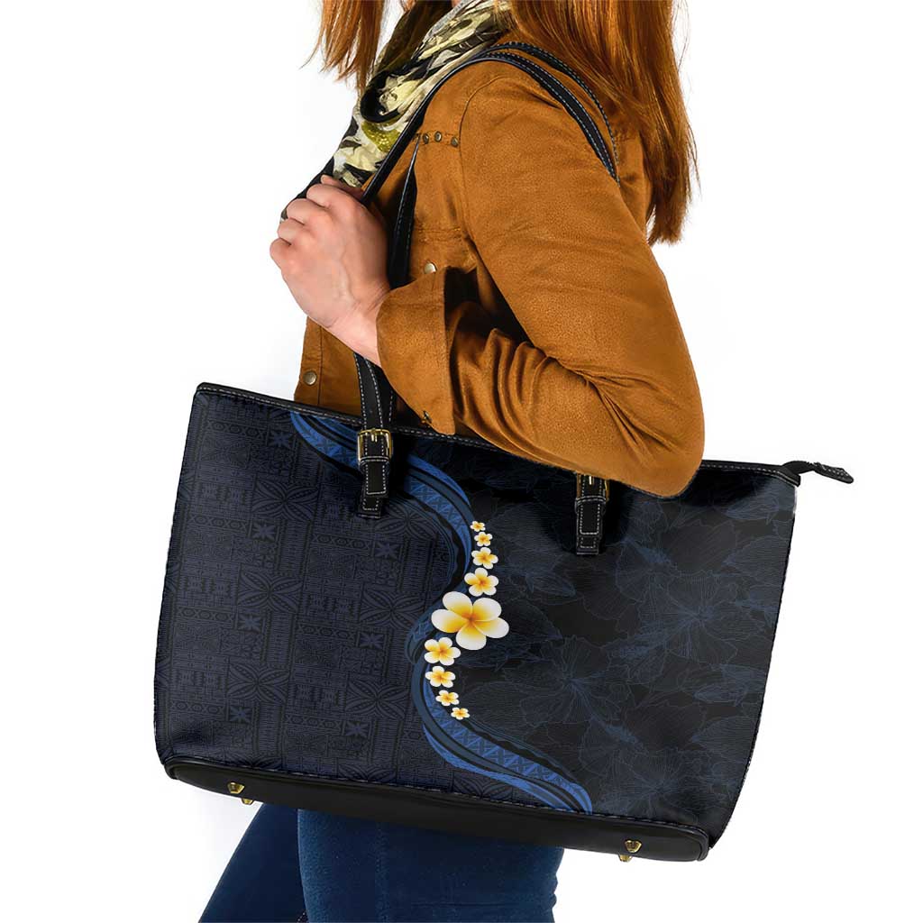 Pacific Hibiscus and Plumeria with Tapa Pattern Leather Tote Bag Dark Blue Color