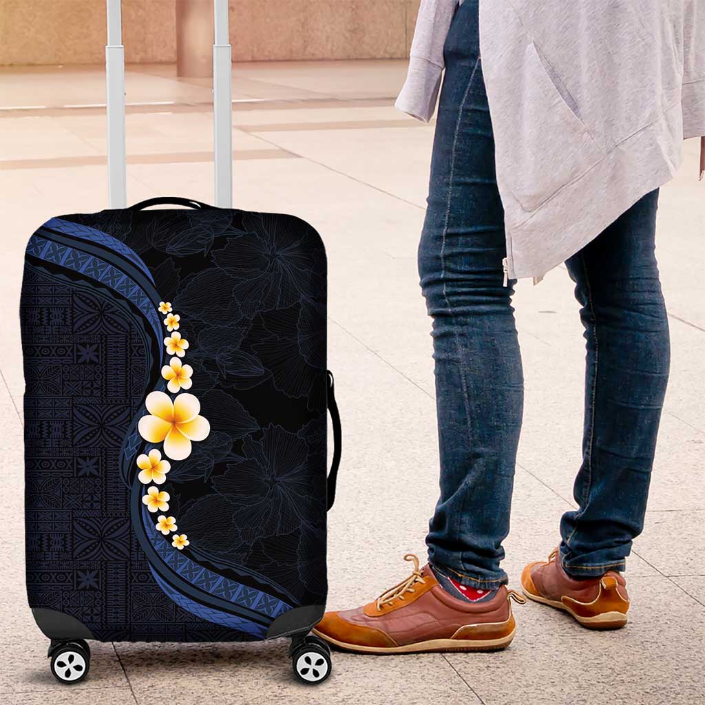Pacific Hibiscus and Plumeria with Tapa Pattern Luggage Cover Dark Blue Color LT03 Blue - Polynesian Pride
