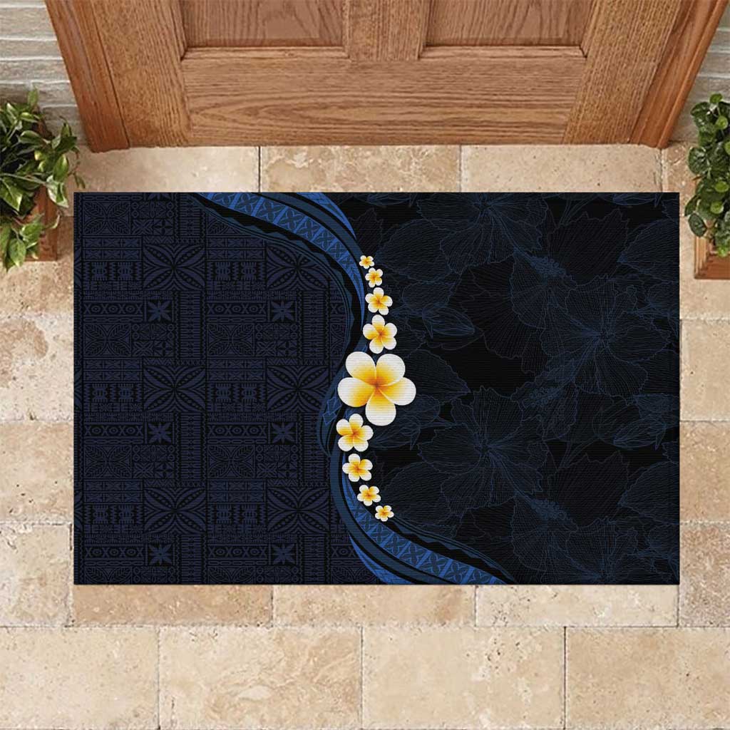 Pacific Hibiscus and Plumeria with Tapa Pattern Rubber Doormat Dark Blue Color
