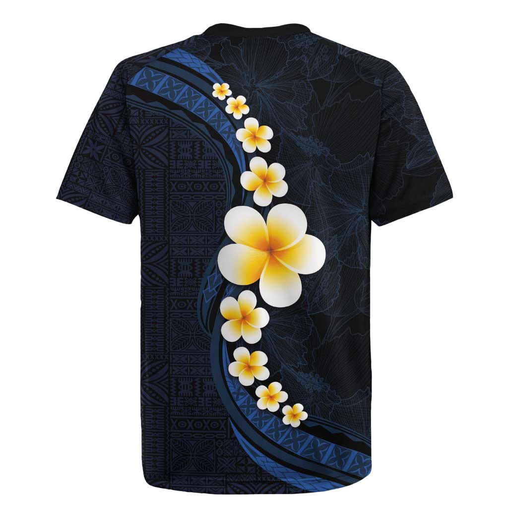 Pacific Hibiscus and Plumeria with Tapa Pattern Rugby Jersey Dark Blue Color