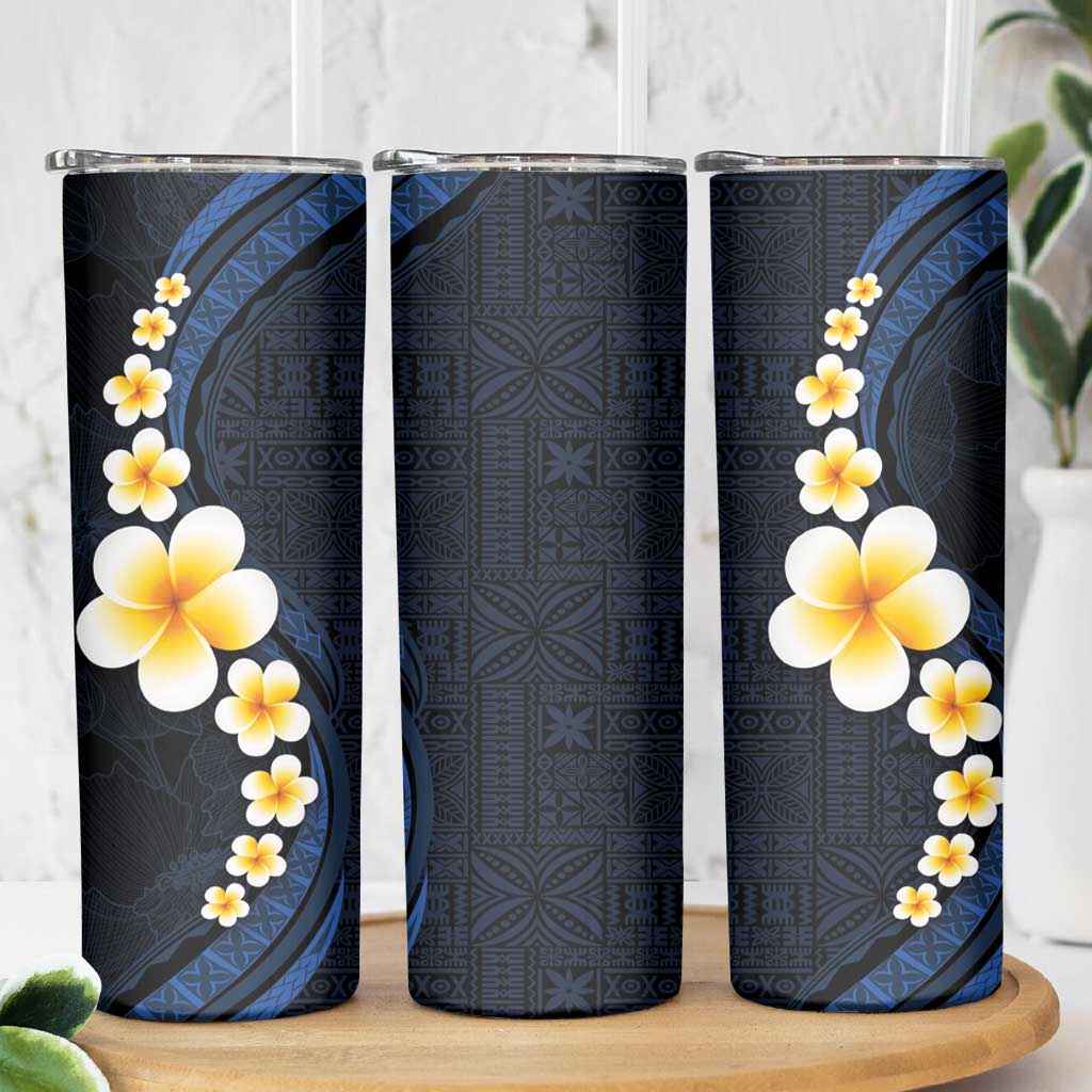 Pacific Hibiscus and Plumeria with Tapa Pattern Skinny Tumbler Dark Blue Color