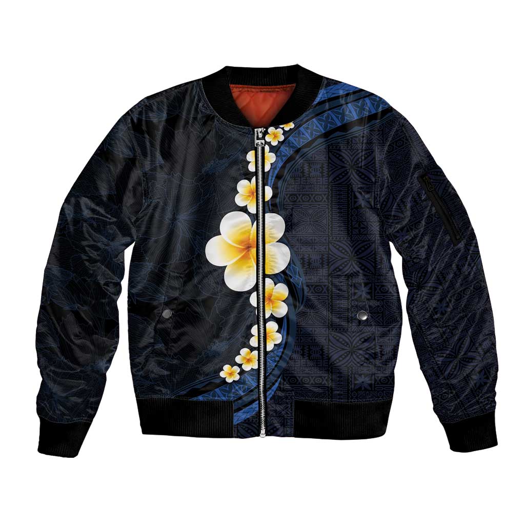 Pacific Hibiscus and Plumeria with Tapa Pattern Sleeve Zip Bomber Jacket Dark Blue Color