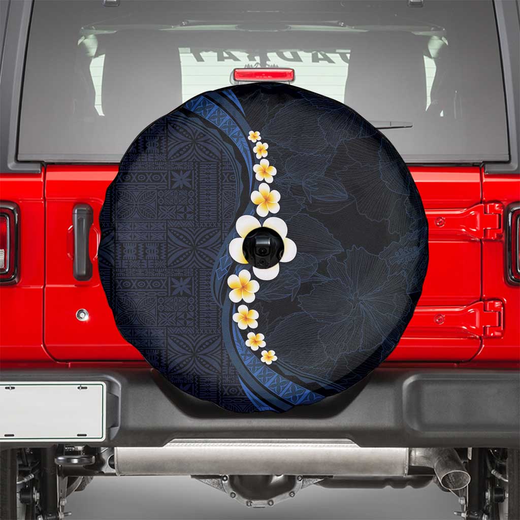 Pacific Hibiscus and Plumeria with Tapa Pattern Spare Tire Cover Dark Blue Color