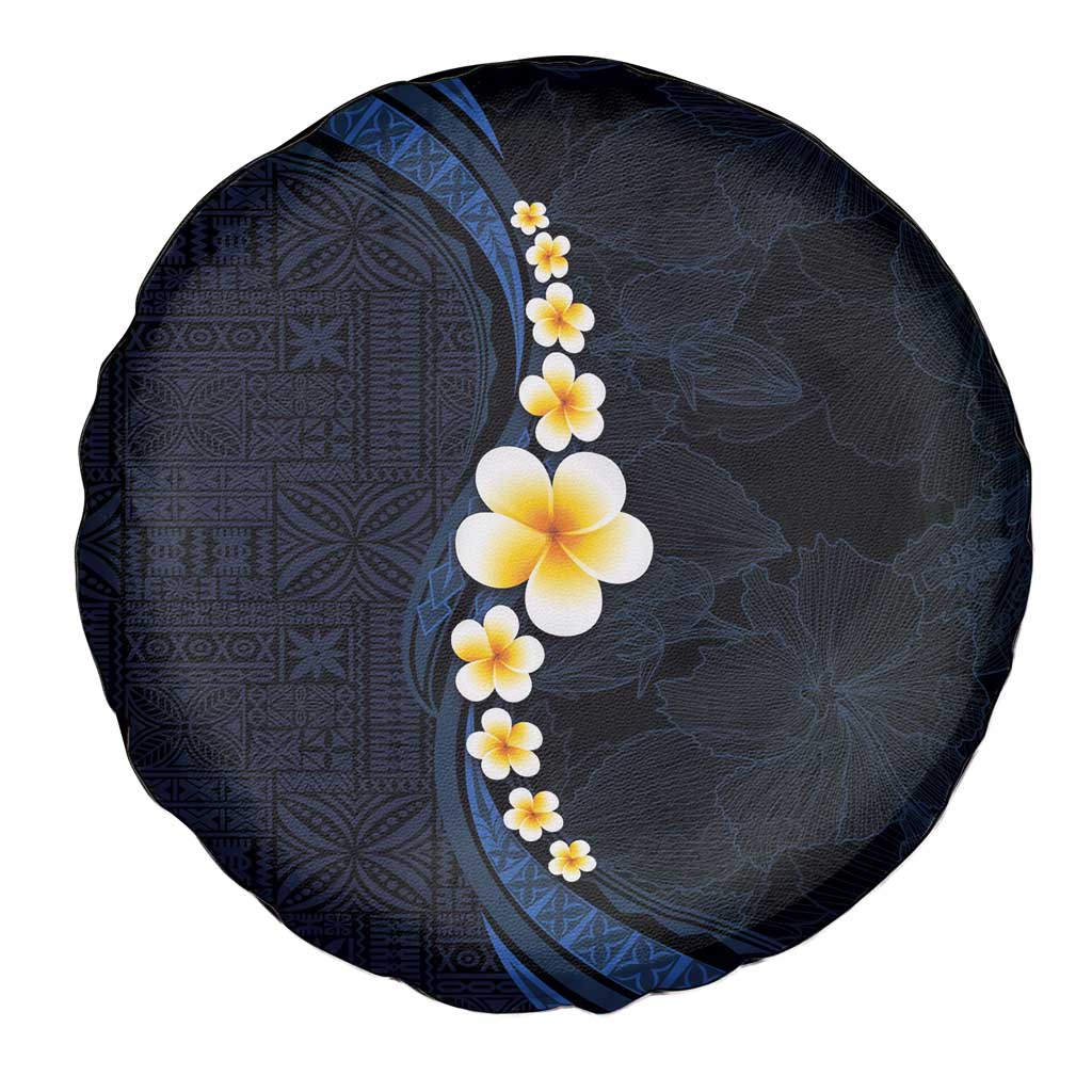 Pacific Hibiscus and Plumeria with Tapa Pattern Spare Tire Cover Dark Blue Color