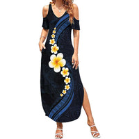 Pacific Hibiscus and Plumeria with Tapa Pattern Summer Maxi Dress Dark Blue Color