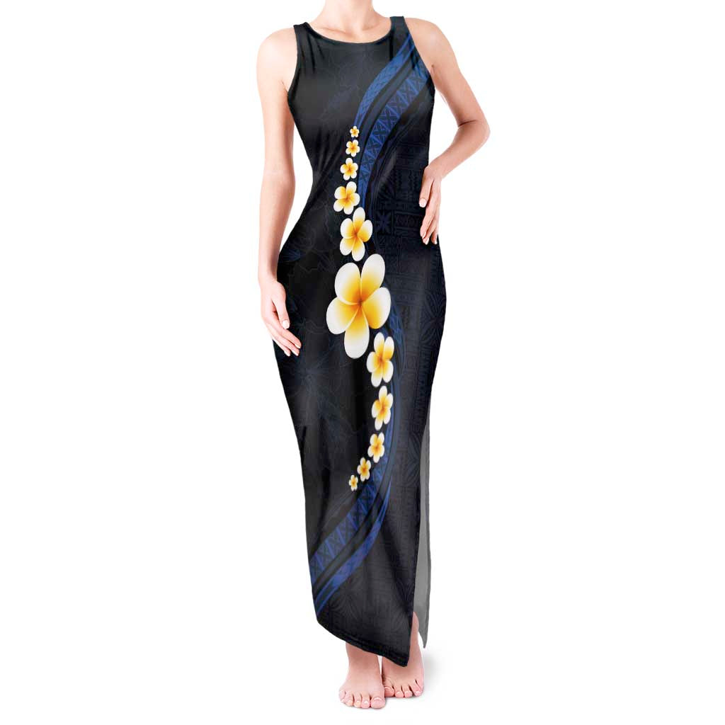 Pacific Hibiscus and Plumeria with Tapa Pattern Tank Maxi Dress Dark Blue Color